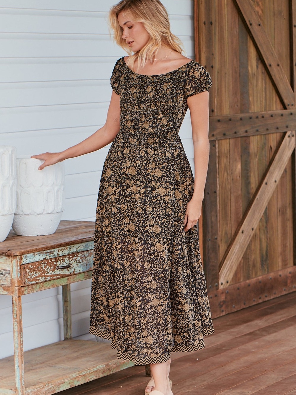 Free People Ultraviolet Maxi Dress Black Brown Smocked Criss Cross Back (M) NWT